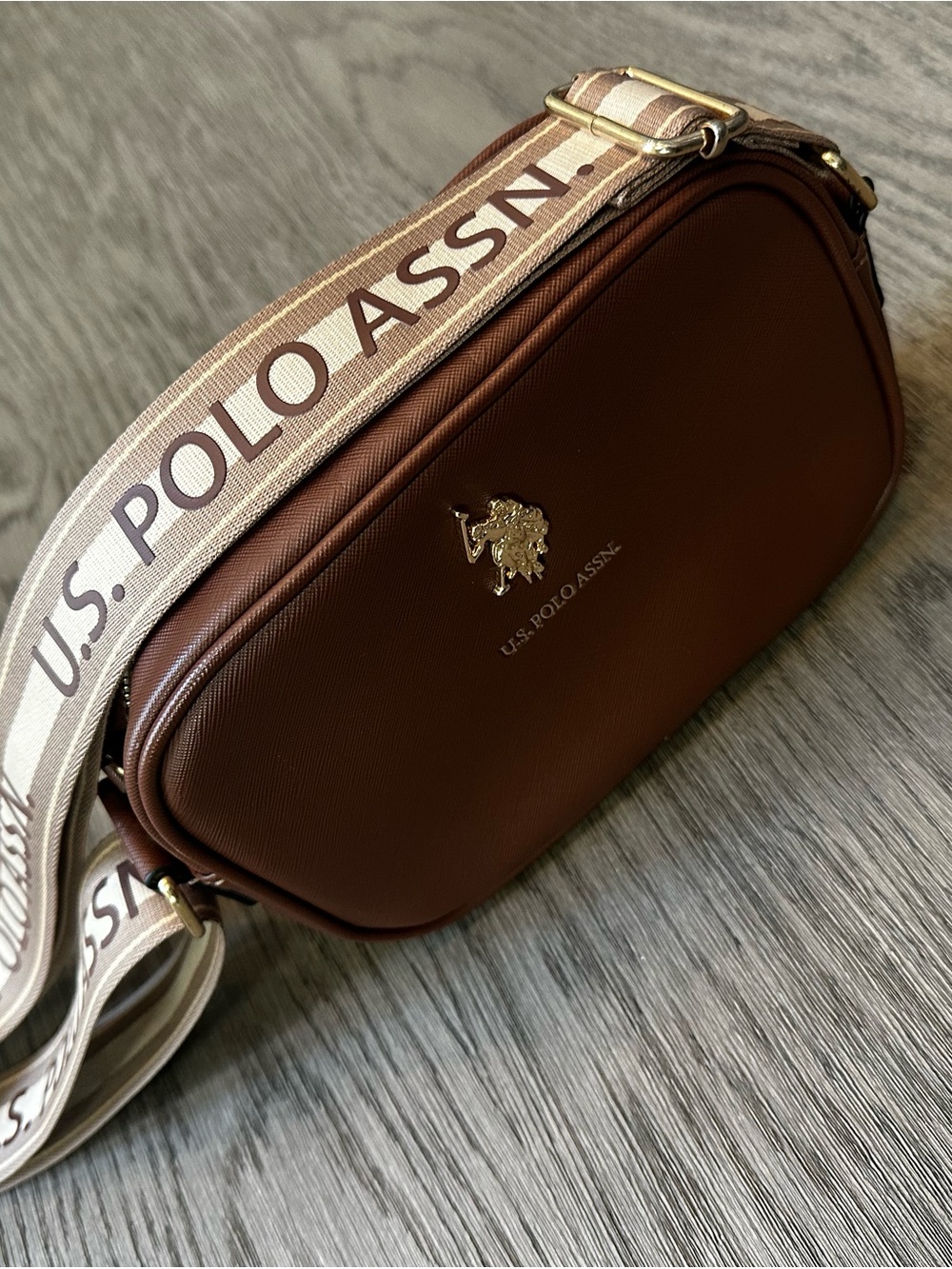 U.S. Polo Assn. Brown Leatherette Belt Bag with Gold Logo